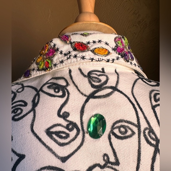 Handmade Upcycled White Denim Jacket Small Artist Embroidered One-of-a-Kind Coat - Picture 5 of 9